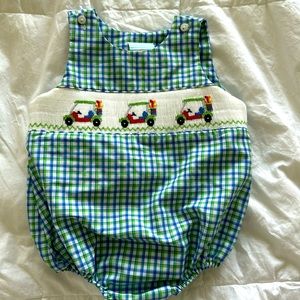 Sweet Southern Sunshine Bubble Onsie with Golf Cart Smocking 6M - Like New